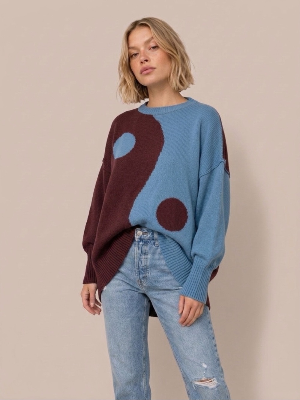 Dressed in LALA "Yin Yang Gang" Oversized Knit Sweater Blue & Burgundy Medium